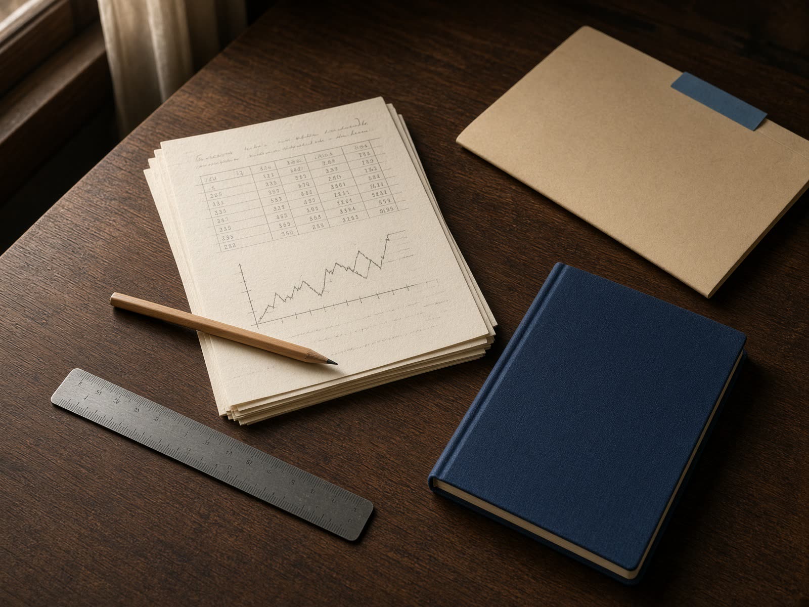 A research desk: papers, a pencil, a ruler, and a notebook in afternoon light.